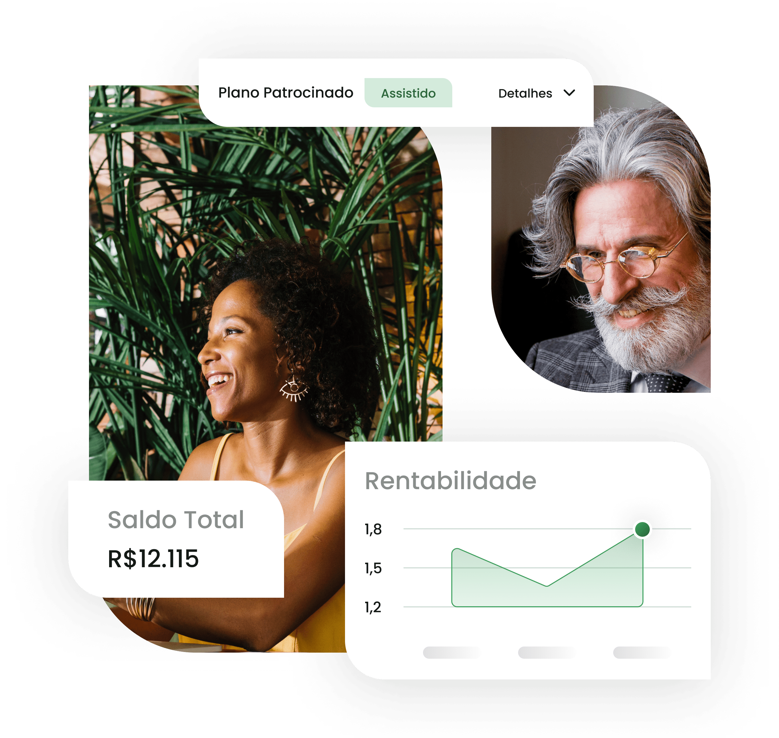 Pessoas sorrindo e balões mostrando partes do sistema